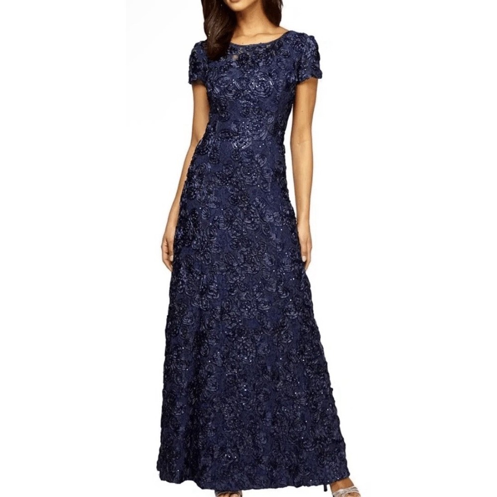 Alex Evenings Sequin Floral Lace Ribbon Rosette Round Neck Short Sleeve Gown